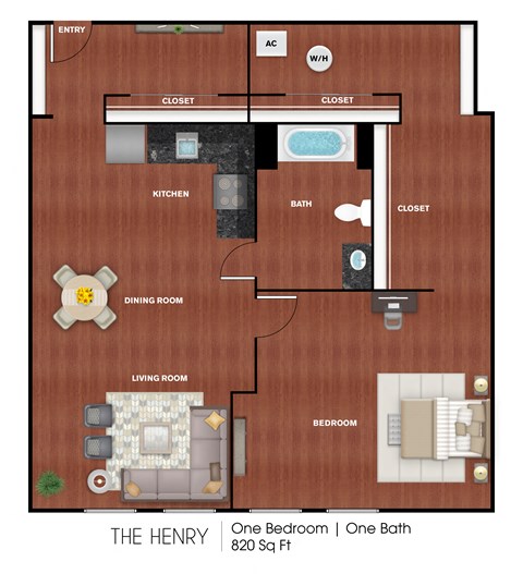 Floor plan for 1 bed, 1 bath, 820 sqft